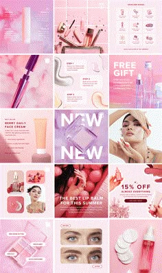 a collage of pink and white images with different cosmetics products on the bottom, including lipstick