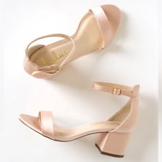 Say Hello To Your New Favorite Shoe ... The Lulus Harper Blush Satin Ankle Strap Heels! Sleek And Shiny Satin Fabric Covers These Chic Single Sole Heels, With A Slender Toe Strap And Peep-Toe Upper. Structured Heel Cup And Adjustable Ankle Strap With A Gold Buckle. 2.5" Wrapped Block Heel. Cushioned Insole. Nonskid Rubber Sole. All Vegan Friendly, Man Made Materials. Imported. Style 814422 Nib - Never Worn Homecoming Shoes, Single Sole Heels, Wedding Shoes Heels, Heels Classy, Fancy Shoes, Wedding Sandals, Girly Shoes, Elegant Shoes, Pageant Dress