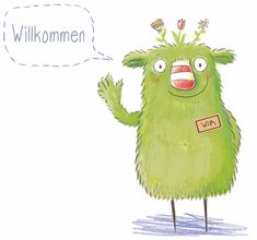 a drawing of a green monster with a thought bubble above it that says willkommen