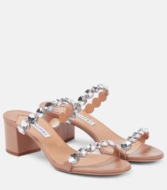 Tequila Embellished Leather Sandals in Pink - Aquazzura | Mytheresa Aquazzura Tequila, Latest Sandal, Aquazzura Shoes, Nude Sandals, Crystal Shoes, Brown Leather Sandals, Embellished Sandals, Powder Pink, Dress Party