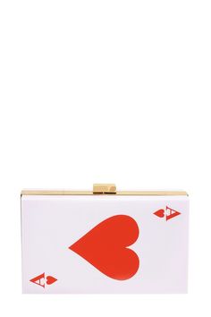 Ace of Hearts Card Clutch Evening Bag7"(L) x 2.5(W) x 5"(H) Rectangular Bags With Card Slots For Valentine's Day, White Rectangular Clutch As Gift, Rectangular White Clutch As Gift, White Rectangular Bag With Heart Print, White Clutch With Card Slots, White Heart Print Bag As A Gift, White Heart Print Bag For Gifts, White Rectangular Bags For Valentine's Day, Elegant White Clutch With Card Slots