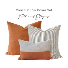 three pillows with different colors and patterns on them, one is orange, the other is brown