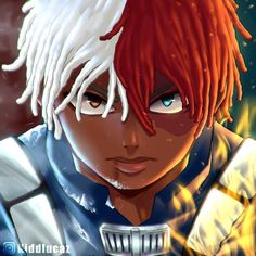 an anime character with red hair and white dreadlocks looks at the camera while wearing armor