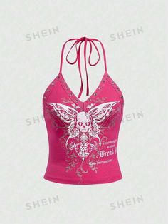 Free Returns ✓ Free Shipping✓. ROMWE PUNK Skull & Slogan Graphic Grommet Eyelet Halter Top Enjoy Being The Standout Break It Keep Your Passion- Women Tank Tops & Camis at SHEIN. Y3k Outfits, Skull Crop Top, Christmas Y2k, Punk Top, Kawaii Coquette, Goth Kawaii, Punk Skull, Slay Outfits, Female Tops