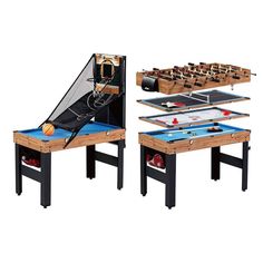 two tables with foosball and air hockeys on them