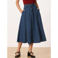 This casual skirt in a flowy flared hem highlights your slim waist and shapes your perfect figure. The Denim fabric is breathable and lightweight to wear, giving you a pleasing wear experience while showing your chic look. The length is just right to cover your hip and leg, elegant and timeless, and easy to create satisfying styles with any tops. The simple but never outdated design makes this durable jean skirt a nice piece for your casual and office choice. Spring Flared Hem Denim Blue Bottoms, Blue A-line Bottoms With Pockets, Spring Denim Blue Flared Bottoms, Spring Flared Hem Lined Skirt Bottoms, Spring Flared Hem Lined Skirt, Spring Flared Bottoms With Lined Skirt, Spring Flared Hem Skirt, Spring Lined Skirt With Flared Hem, Relaxed Lined Skirt With Flared Hem