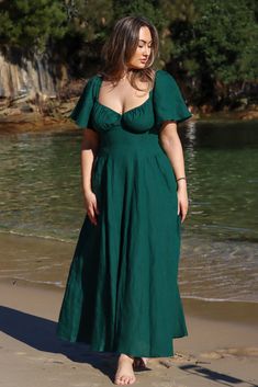 Bridgette Forest Green Dress Womens Linen Dresses, Forest Green Dress, Elastic Shirring, Green Linen Dress, Forest Green Dresses, Tencel Dress, Wedding Guest Outfit Fall, Removable Sleeves, Dress Code Wedding