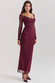 Elegant maxi dress features sheer long sleeves, a strapless and backless design, and a mesh body, creating a sophisticated and captivating look for formal occasions. Details: Elasticity: Slight Stretch Fabric Type: Polyester Silhouette: Sheath Neckline: Strapless Material: SPANDEX Material: Mesh Wine Maxi Dress, Maxi Dress For Women, Sheer Long Sleeve, Backless Maxi Dresses, Dress Inspo, Strapless Maxi Dress, Club Party, Mode Inspo, Long Sleeve Maxi