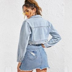 This women's retro cropped denim jacket offers a unique vintage style that will elevate any outfit. Crafted with high-quality denim, it provides durability and comfort. With its cropped design, it adds a trendy touch while still providing coverage. Perfect for any fashion-forward individual looking to make a statement. Designed by Thekittenpark Edgy Woman, Dirndl Outfit, Women Back, Casual Denim Jacket, Denim Coat Women, Long Sleeve Denim Jacket, Bandeau Tops, Retro Jeans, Short Denim Skirt