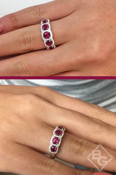 From the moment I saw this ruby ring I HAD to try it on. I am not even a July baby but do love the color of these rich red rubies. Love, love, LOVE!! Luxury Gia Certified White Gold Ruby Ring, Vvs Clarity Ruby Jewelry For Promise, Luxury Ruby Ring With Diamond For Anniversary, Gia Certified Fine Jewelry Ruby Ring In Platinum, Luxury Diamond Ruby Anniversary Ring, Gia Certified Platinum Ruby Ring In Fine Jewelry, Gia Certified Platinum Ruby Ring, Fine Jewelry With Vvs Clarity Lab-created Ruby, Luxury Ruby Ring With Vvs Clarity And Emerald Cut