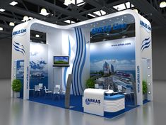 an exhibition stand with blue and white accents