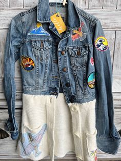 This is a thrifted size S Abercrombie brand Embellished Denim Jacket, Saved Pins, Womens Jackets, Embellished Denim, Jean Jackets, Upcycle Clothes, Diy Clothes, Jean Jacket, Denim Jacket