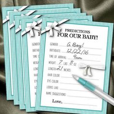 two baby shower game cards with a pen on top of them and the words, precious price for our baby