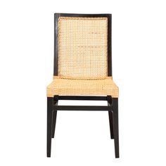 a chair made out of wood and wicker with a black frame on the back