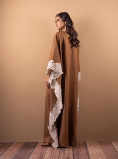 Cinnamon Sand Elegant Kaftan With Chikankari Embroidery For Wedding, Lace Kaftan For Wedding, Wedding Kaftan With Lace Work, Elegant Long Lace Kaftan, Elegant Long Cream Kaftan, Elegant Cream Long Kaftan, Wedding Lace Kaftan With Lace Work, Lace Wedding Kaftan With Lace Work, Elegant Lace Kaftan For Weddings