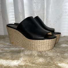 Save More, On Our Shop @ Http://Www.Opulentluxuryllc.Com , Plus Free Shipping Across Us 100% Authentic Mk Footwear New And In Excellent Condition. Never Worn. Never Used. 2-3/4” Espadrille Heel Open-Toe Espadrille Platform Wedge Wide Strap Sandal In Black Leather And Rubber Sole Chic Closed Toe Platform Wedge Sandals, Luxury Open Toe Wedge Sandals For Vacation, Luxury Platform Heels For Vacation, Designer Platform Wedge Sandals With Round Toe, Designer Round Toe Platform Wedge Sandals, Designer Wedge Sandals With Platform And Round Toe, Chic Wedge Sandals With Woven Sole And Open Heel, Designer Beach Wedge Sandals With Platform, Chic Platform Espadrilles With Open Toe