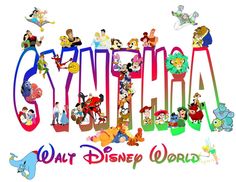 the word disney written in various cartoon characters