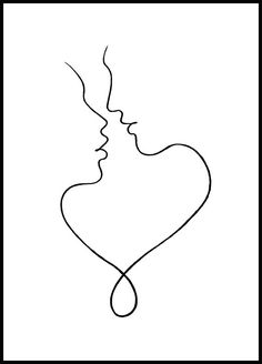 a black and white line drawing of two people kissing each other with a heart in the middle