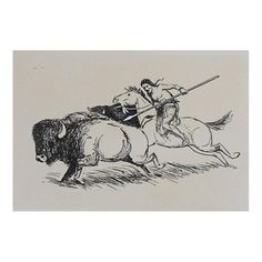 an ink drawing of two men on horses chasing after a boar with a spear in its mouth