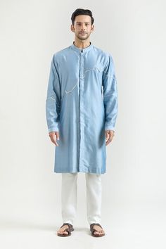 Powder blue chanderi kurta with placed abstract pattern embroidery. Comes with contrasting pyjama. - Aza Fashions Blue Sherwani With Gota Work, Blue Resham Embroidery Bollywood Kurta, Festival Light Blue Kurta With Resham Embroidery, Blue Long Sleeve Kurta With Gota Work, Semi-stitched Blue Kurta With Resham Embroidery, Powder Blue Kurta For Men, Blue Resham Embroidery Semi-stitched Kurta, Kurta Set Men, Men Kurta