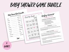 the baby shower game bundle is shown in three different colors and font, including pink hearts