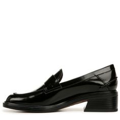 Legendary loafers. A classic, menswear-inspired silhouette meets feminine accents on these forever classic womens loafers. Leather/fabric or leather upper responsibly sourced through Leather Working Group-audited factories. Slip on style. Round toe. Stitch detailing. 1.75 inch block heel. | Franco Sarto Gabriella Heeled Loafer, Black, 6.5M Womens Loafers, Classic Menswear, Menswear Inspired, Heeled Loafers, Franco Sarto, Black 7, Leather Fabric, Loafers For Women, Leather Working