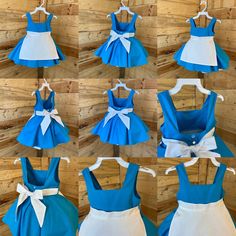 the dresses are all different colors and sizes, but one is blue with white trim