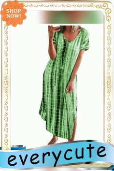 Tie Dye Print V Neck Loose Shorts Sleeve Maxi Dress Green Casual Maxi Dress For Beach Season, Casual Green Maxi Dress For Beach, Casual Long Green Maxi Dress, Green Maxi Dress For Day Out, Green Casual V-neck Dress, Casual Green Midi Dress For Vacation, Green V-neck Casual Dress, Casual Green Maxi Dress, Casual Green Midi Dress