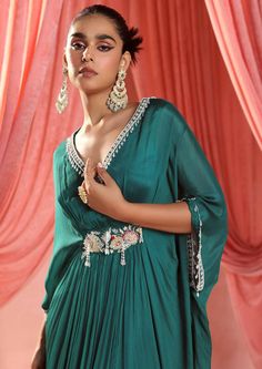 Full length draped kaftan, embellished on the neckline, sleeves and waist. Draped Kaftan, Fairytale Dress, Asian Fashion, Emerald Green, Full Length, Emerald, Green