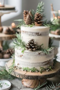 a three tiered cake with pine cones and greenery on top is sitting on a table