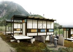 an artist's rendering of a house in the middle of a field with mountains in the background