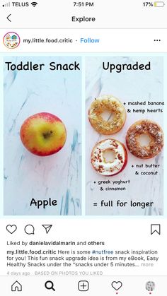 an iphone screen with two pictures of apples and donuts, one is for toddler snack