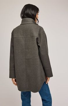 The Wesley jacket is made of a soft brushed fabric. The classic shirt jacket silhouette features a funnel-neck collar. Winter Wool Turtleneck Outerwear, Wool Turtleneck Outerwear, Winter Workwear Outerwear With Fold Down Collar, Modern Funnel Neck Outerwear For Fall, Winter Long Sleeve Tops With Concealed Placket, Solid Funnel Neck Outerwear For Work, Oversized Collared Outerwear For Layering, Oversized Turtleneck Outerwear For Fall, Modern Winter Outerwear With Funnel Neck