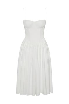 Introducing our Ballerina Bustier Midi Dress - a classic, feminine dress option for any occasion. From brunch parties to evening events, this white midi dress is complimented with wire bustier cups that skim down to a tight fit that cinches at the waistline. The skirt silhouette features a gathered detail that falls to a midi length making it an elegant dress meant to last in your wardrobe forever.&nbsp; Chic White Dress With Built-in Bra, Elegant Fitted Midi Dress With Built-in Bra, Midi Dress With Built-in Bra And Fitted Bodice, Elegant Midi Dress With Built-in Bra, Elegant Summer Corset Dress With Built-in Bra, Corset Dress With Sweetheart Neckline And Built-in Bra, White Strapless Corset Dress With Built-in Bra, Dinner Dress With Lined Bodice, Chic Cocktail Corset Dress With Bust Darts