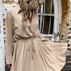 Fashion Solid Color Lapel Tie Waist Pleated Casual Dress Khaki-22SD-JK9187-S Vintage Mini Dresses, Ruffle Mini Dress, Khaki Dress, Tie Dress, Spring Summer Outfits, Pleated Dress, Cut And Style, Women's Fashion Dresses, Sleeve Dress