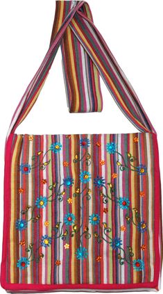 Trendy Designer Bohemian Shoulder Sling Bag. Item Style: Casual Shoulder Sling Bag Material 100% Cotton Colors Stripes in multicolor with floral embroidery highlighted with beads. Measurement Depth 13" width 13". Strap is 39" long and 3" wide More details: The embroidery is on the front flap only. The back and strap are just the striped fabric. The front is a flap and opens all the way. Handling: Please remember that these are handmade items and therefore very delicate and need to be handled wit Spring Multicolor Bohemian Hobo Bag, Summer Multicolor Crossbody Hobo Bag, Multicolor Floral Embroidered Tote Shoulder Bag, Multicolor Floral Embroidery Tote Shoulder Bag, Multicolor Beaded Crossbody Shoulder Bag, Spring Multicolor Floral Embroidered Shoulder Bag, Spring Multicolor Floral Embroidery Shoulder Bag, Spring Multicolor Crossbody Shoulder Bag, Multicolor Embroidery Shoulder Bag For Beach