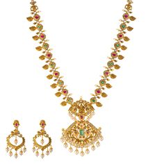 Virani Jewelers presents this majestic 22k gold necklace and earring set, a testament to their reputation of exquisite Indian gold jewelry. Adorned with a captivating array of gemstones, including emeralds and rubies, this 22k gold necklace and earring set exudes opulence. The harmonious fusion of traditional Indian design elements and 22k gold brilliance transforms this gold necklace and earring set into a wearable art, celebrating the rich cultural heritage of India. Features • 22k yellow gold Festive Multi-stone Gold Jewelry Sets, Festive Gold Multi-stone Jewelry Sets, Festival 22k Gold Multi-stone Jewelry, Festive Gold Temple Necklace With Multi-stone, Gold Multi-stone Kundan Temple Necklace, Gold Kundan Multi-stone Temple Necklace, Elegant Gold Multi-stone Temple Necklace, Gold Multi-stone Chandbali Jewelry, Gold Multi-stone Temple Jewelry Bridal Necklace