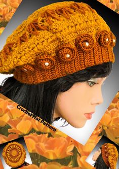 Crochet beanie hat pattern, Winter slouchy beret, women hat wit flower Crochet Slouchy Beanie Pattern, Slouchy Beanie Pattern, Beret Women, Slouchy Beret, Chunky Crochet Hat, Crochet Santa Hat, Hat Pattern Crochet, Women Winter Hat, Hat With Flowers