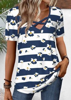 Product Details Function :Soft Design Selling Point :Criss Cross Package Contents :1 X T Shirt Color :Navy, White Printing Design :Striped,Geometric,Floral,Plants, Print Placement Will Vary Clothing Length :Tunic Sleeve's Length :Short Sleeve Neckline :V Neck Sleeve Style :Regular Sleeve Style :Casual Occasion :Everyday Composition :97% Polyester 3% Spandex Washing Instructions :Hand Wash/Machine Wash Cotton V-neck Top With All Over Print, White Geometric Pattern Crew Neck Top, White Crew Neck Top With Geometric Pattern, White Short Sleeve Tops With Geometric Pattern, White Blouse With Geometric Pattern For Spring, Casual V-neck Tops With Geometric Pattern, White Geometric Pattern Blouse For Summer, Summer Cotton Tops With Geometric Pattern, White Tops With All Over Print