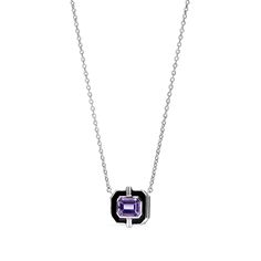 The Adrienne collection reinvents the past with a daring sensibility. Inspired by Adrienne's architecture, this collection celebrates 1930s Parisienne Art deco in textured sterling silver, diamonds and colored gemstones. Sterling Silver Amethyst Enamel Length: 18" Width: ½" Rhodium finish to brighten and protect Formal Art Deco Necklaces With Single Cut Diamonds, Art Deco Single Cut Diamond Pendant Jewelry, Art Deco Necklace With Single Cut Diamonds As Gift, Art Deco Single Cut Diamond Pendant, Art Deco Necklace With Single Cut Diamonds For Gift, Art Deco Style Single Cut Diamond Pendant, Art Deco Pendant Jewelry With Single Cut Diamonds, Formal White Gold Amethyst Necklace, White Gold Amethyst Necklace For Formal Occasions