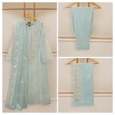 "Elevate your style with sky blue embroidered straight shirt crafted with utmost care and attention to detail. The shirt features intricate embroidery on the front and sleeves, adding a touch of timeless charm. Paired with a matching pant & dupatta LENGTH: 47\" Pants: Raw Silk Dupatta Fabric : Organza" Traditional Long Sleeve Organza Wear With Chikankari Embroidery, Blue Outfits For Women, Sky Blue Outfit, Designer Ready To Wear, Agha Noor, Mom Dresses, Shirt Pant, Blue Outfits, Stylish Dress Book