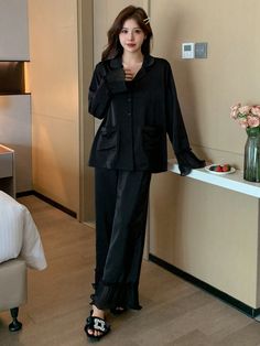 Women Spring Autumn Satin Patchwork Frill Trim Wave Edge Long Sleeve Pajama Set Black Elegant,Romantic  Long Sleeve Woven Fabric Plain Pant Sets Non-Stretch All Women Sleep & Lounge, size features are:Bust: ,Length: ,Sleeve Length: Old Money Pajamas, Pajamas Shein, Black Pjs, Ditsy Floral Top, Black Pajamas, Warm Pajamas, Plain Pants, Womens Chunky Heels, Black Boots Tall