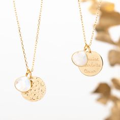 Create something special with our Personalized Hammered Disc &amp; Gemstone Necklace. Choose a semi-precious gemstone and add hand-engraving on the reverse.Please note that there may be slight variations between each gemstone due to its origins.18K Champagne Gold Plated, 925 Sterling Silver or 18K Rose Gold PlatedLarge Hammered Disc charm: 0.8”x 0.8”Gemstone: 0.5”x 0.5”Learn more about each stone with our Stone GuideSecure clasp fasteningCharms are removable from this chain and can be worn o Engraved Moonstone Round Jewelry, Engraved Round Moonstone Jewelry, Round Engraved Moonstone Jewelry, Engraved Moonstone Pendant Necklace, Engraved Moonstone Necklace For Spiritual Style, Spiritual Engraved Moonstone Necklaces, Spiritual Engraved Moonstone Necklace, Moonstone Necklaces With Natural Stones For Gifts, Moonstone Necklace With Natural Stones For Gift