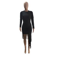 Long Sleeve O Neck Irregular Tassel Dress Long Sleeve Mini Dress With Fringe For Party, Chic Knee-length Fringe Midi Dress, Chic Knee-length Midi Dress With Fringe, Long Sleeve Mini Dress With Tassels, Fitted Fringe Mini Dress For Fall, Fitted Knee-length Midi Dress With Fringe, Long Sleeve Dresses With Tassels For Night Out, Casual Party Dresses With Tassels, Chic Long Dresses With Fringe