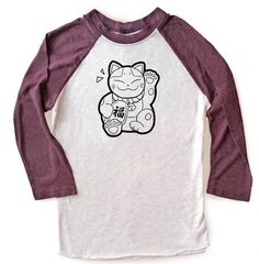 "The waving cat on this super cute tee waves good luck your way! Maneki Neko are popular good fortune cats adored in Japan, and you'll see them outside many shops, attracting good fortune and prosperity. These two-color unisex raglan shirts are made of a lightweight, buttery-soft polyester/cotton blend, and are amazingly comfortable! The 3/4 length sleeves hit just below the elbow, with contrast color sleeves for a stylish colorblock look. ☆ Sizing in inches is as follows ☆ XS - width across che Waving Cat, Black And Grey Sleeve, Fortune Cat, Japanese Cat, Maneki Neko, Cat Cute, Raglan Shirts, Baseball Shirt, Cat Shirt