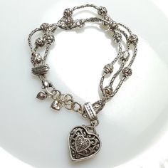 Silver Tone, Crystal Heart, Adjustable For A Perfect Fit With Lobster Clasp Closure. Unique Charm Bracelets, Soft Grunge Jewelry, Vintage Silver Bracelets, Vintage Jewelry Silver, 2014 Jewelry, 2000s Accessories, 2000s Jewelry, Chunky Silver Jewellery, Chunky Silver Bracelet