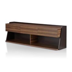 the sideboard is made out of wood and has two open compartments for storing items