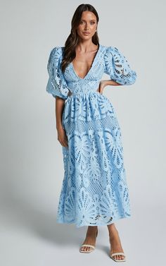 Anieshaya Midi Dress - V Neck Cut Out Lace Dress in Soft Blue | Showpo USA Elegant Blue Midi Dress With Scalloped Lace, Blue Scalloped Lace Dress For Summer, Light Blue Lace V-neck Dress, Blue Scalloped Lace Summer Dress, Spring Blue Lace Maxi Dress, Light Blue Lace Midi Dress Knee-length, Blue Lace Maxi Dress For Spring, Elegant Blue Maxi Dress With Lace Trim, Chic Blue Lace Maxi Dress