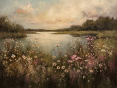 a painting of flowers and grass near a body of water