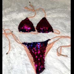 Pink And Purple Sequin Bikini Never Worn Party Swimwear For Beach Season, Party Beachwear With Tie-side Bottom, Purple Stretch Swimwear For Beach Party, Multicolor Swimwear For Beach Season Party, Multicolor Party Swimwear For Beach Season, Party Swimwear With Triangle Top, Party Swimwear With Triangle Top Stretch, Party Triangle Top Swimwear For Beach Season, Triangle Top Swimwear For Beach Season Party